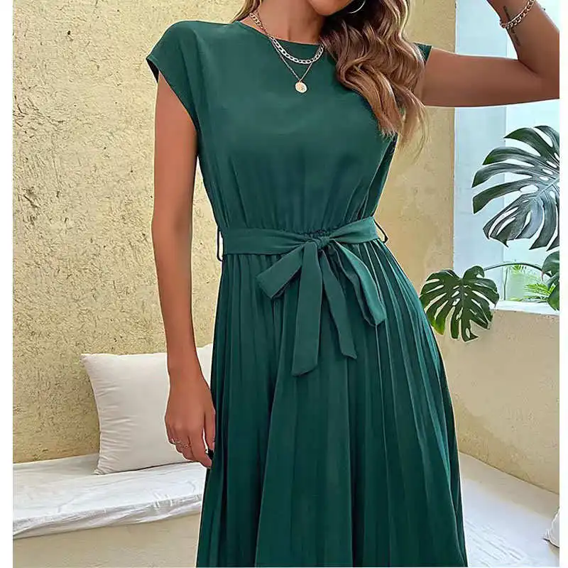 Commute Ele Color puro con cinturón ort Sve Midi Dr redondo Ne falda de cintura atada Sle algodón gasa verano Dr