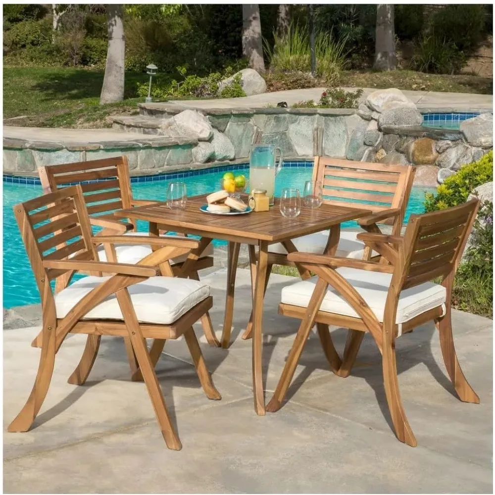 

Outdoor Acacia Wood Dining Set - 5 Piece Solid Wood Dining Set with 1 Table & 4 Chairs & Removable Cushions, Versatile Patio Con