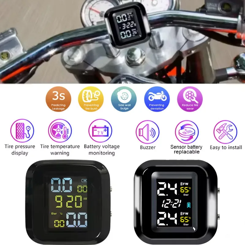 

Motorcycle TPMS Tire Pressure Monitoring System Temperature Alarm With 2 External Sensors Moto Tyre Alarm Systems Real Time