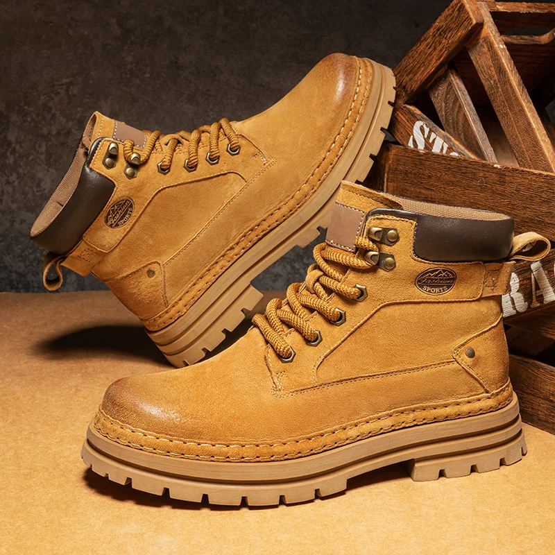 

Couple Leather Big Yellow Boots: 2025 New Autumn and Winter Men's Shoes, British Style Short Boots, Thickened Sole High-Top Boot