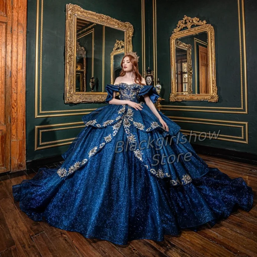 Princess Royal Blue Quinceanera Dress 2024 cattedrale Hem Luxury One Shoulder Crystal Applique Ruffle Queen Vestidos De 15 Dress