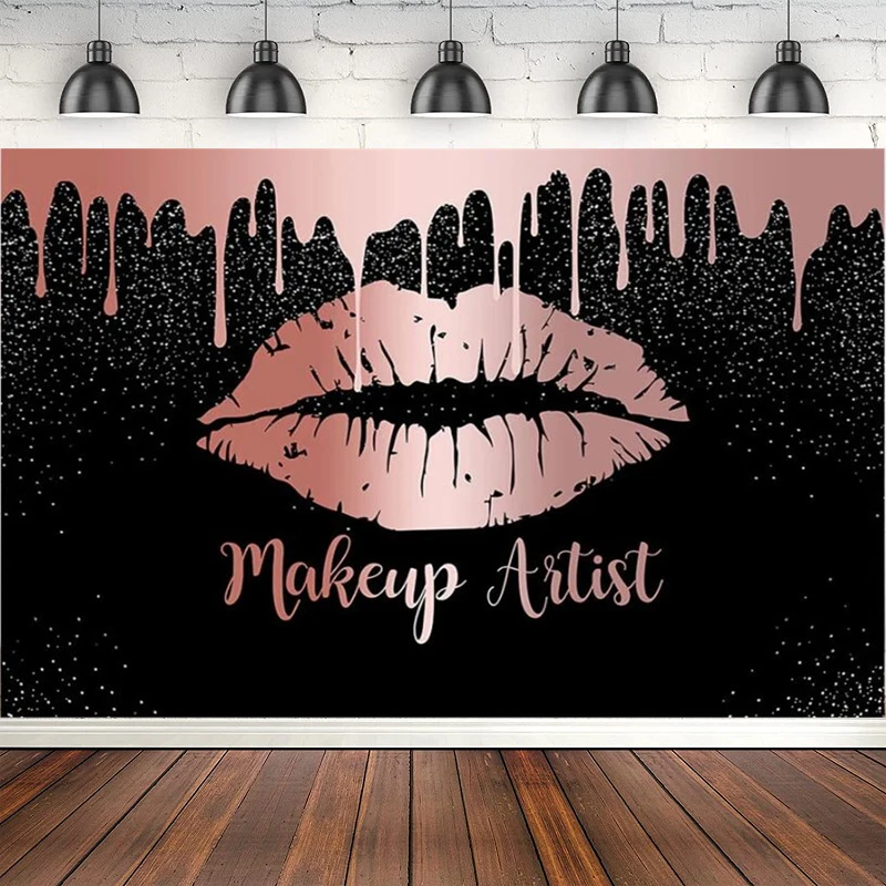 Makeup Artist Photography Backdrop For Pink Rose Gold Flaming Lips Photo Booth Background Poster Black Banner Decoration