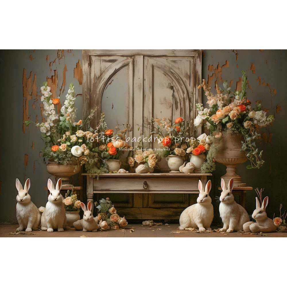 Easter Bunny On Windows With Large Flowers Backdrops Kids Baby Photocall Child Adult Photocall Spring Floral Eggs Backgrounds