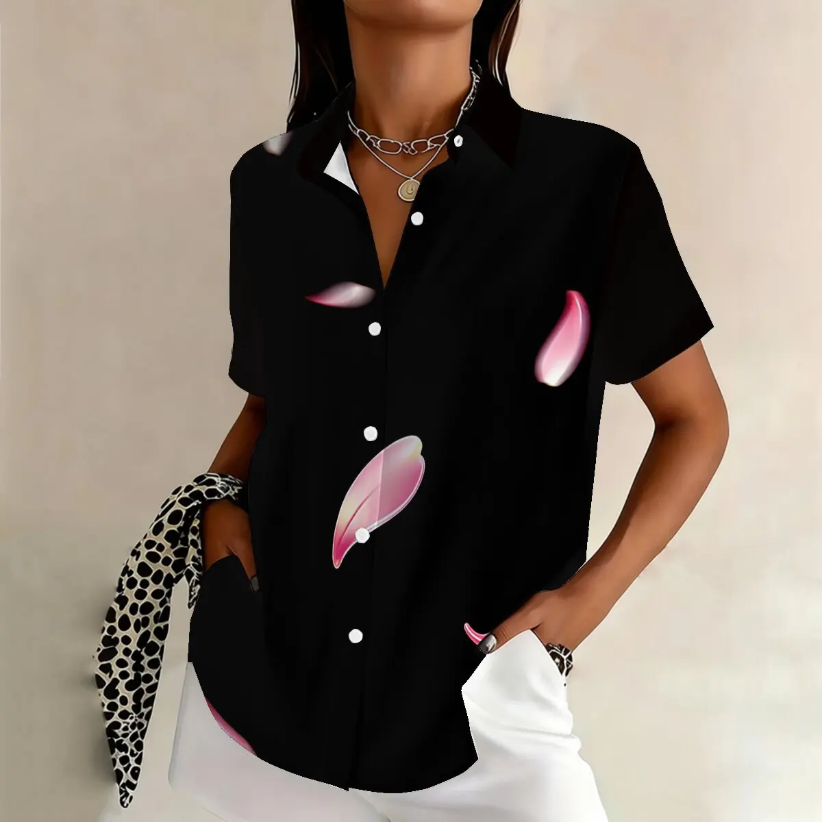 

Summer plus-size women's single-breasted shirt with romantic petal pattern, fashionable for dates, going out and daily commute.
