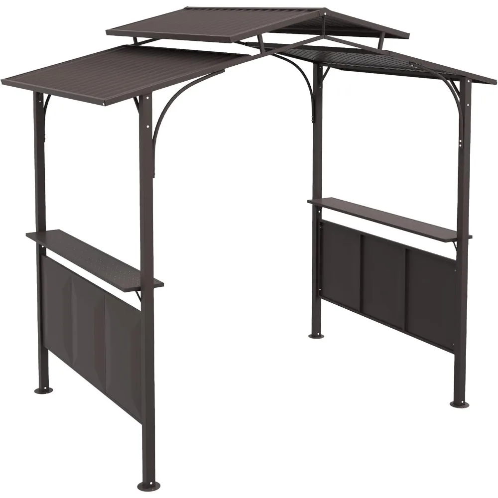 

8'x5' BBQ Grill Gazebo with 2 Side Shelves, Outdoor Double Tiered Interlaced Polycarbonate Roof with Steel Frame, Brown