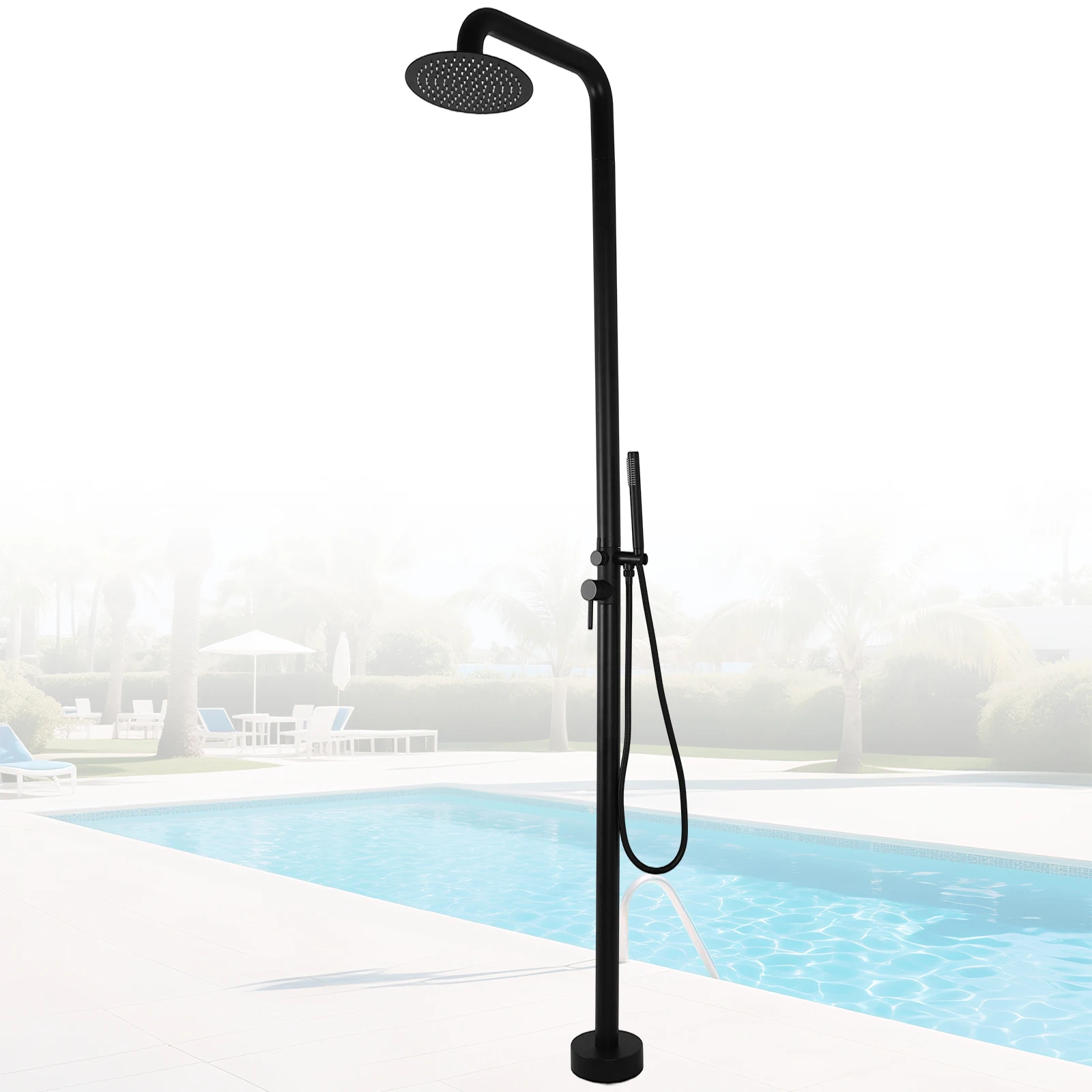 

2-Function Freestanding Outdoor Shower Floor Mounted Matte Black Shower Kit with Handheld Sprayer for Backyard Garden Pool Beach