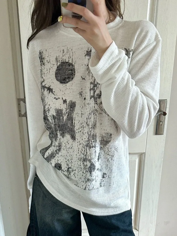 

Hikigawa Chic Fashion Streetwear Women Loose Long Sleeve T-Shirts Autumn Casual Vintage All match Print Bottoming Tops Mujer