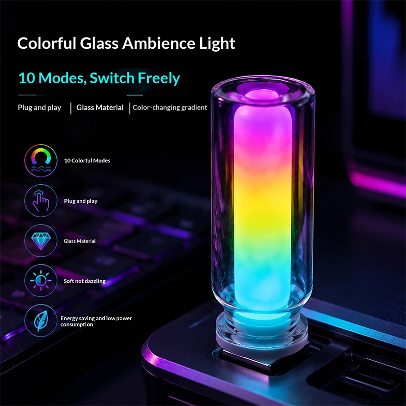 USB Glass RGB Ambient Light Mini LED Color Gradient Bottle Atmosphere Lamp Plug Play Glow Lamp For Bedroom Car Interior Decor
