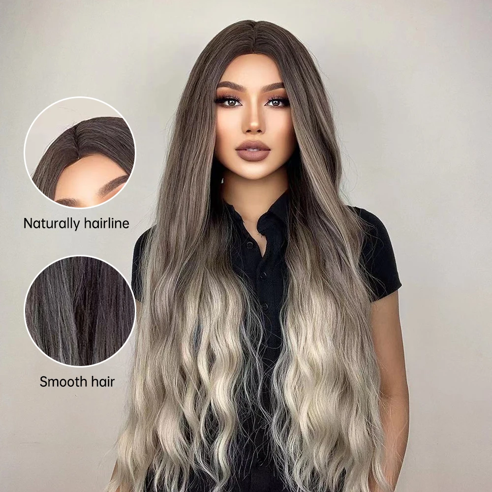 HENRY MARGU Long Curly Wig for Women Afro Ombre Brown Blonde Ash Middle Part Synthetic Wig Cosplay Party Heat Resistant Fake Hai