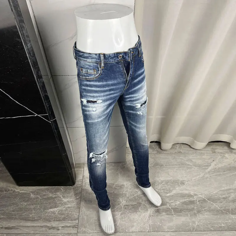 Y2K Designer Fashion New Men's Jeans Wrinkle Painted Scratched Water Washed Stretch Slim Blue Jeans High Street Hip Hop Pants Ho
