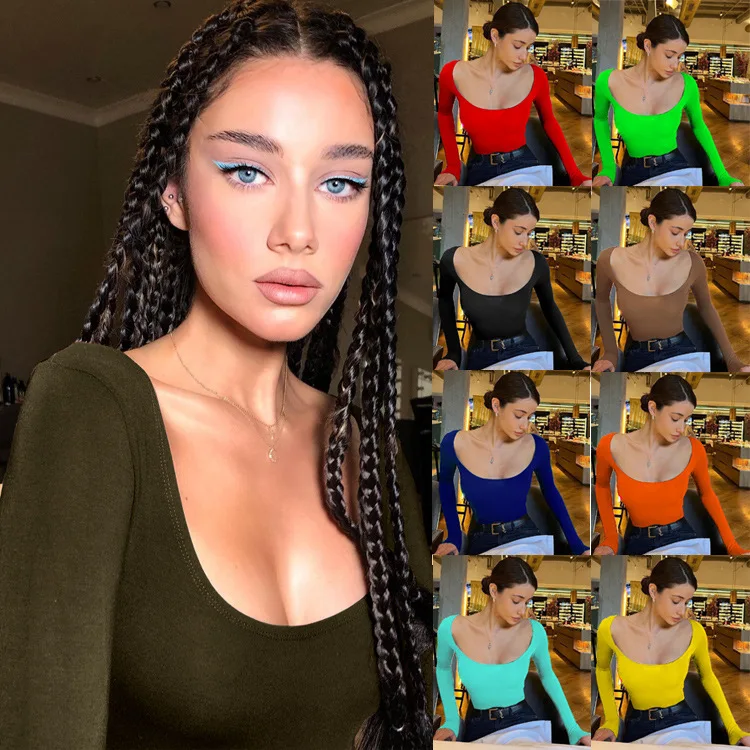 スリムフィット ローネック ベースレイヤー カジュアルTシャツ レディース スクエアネック ヨーロッパ風 ミルクファイバー 薄手 秋...