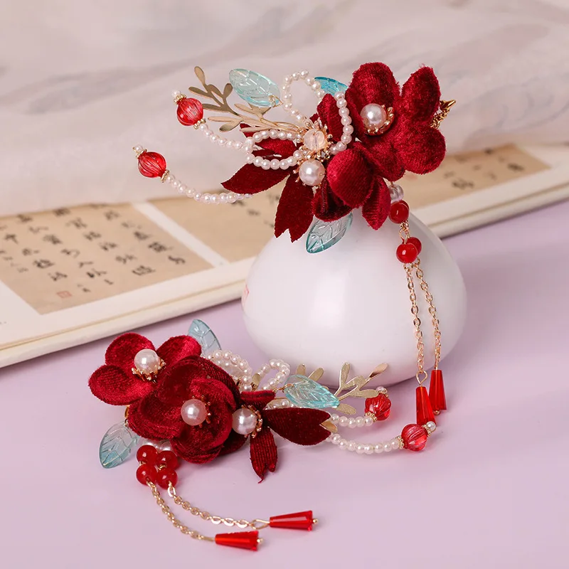 Red Flower Tassel Hairpin Chinese Traditional Style Side Hair Clip Girls Fairy Headdress Wedding Bride Hair Jewelry Wholasale