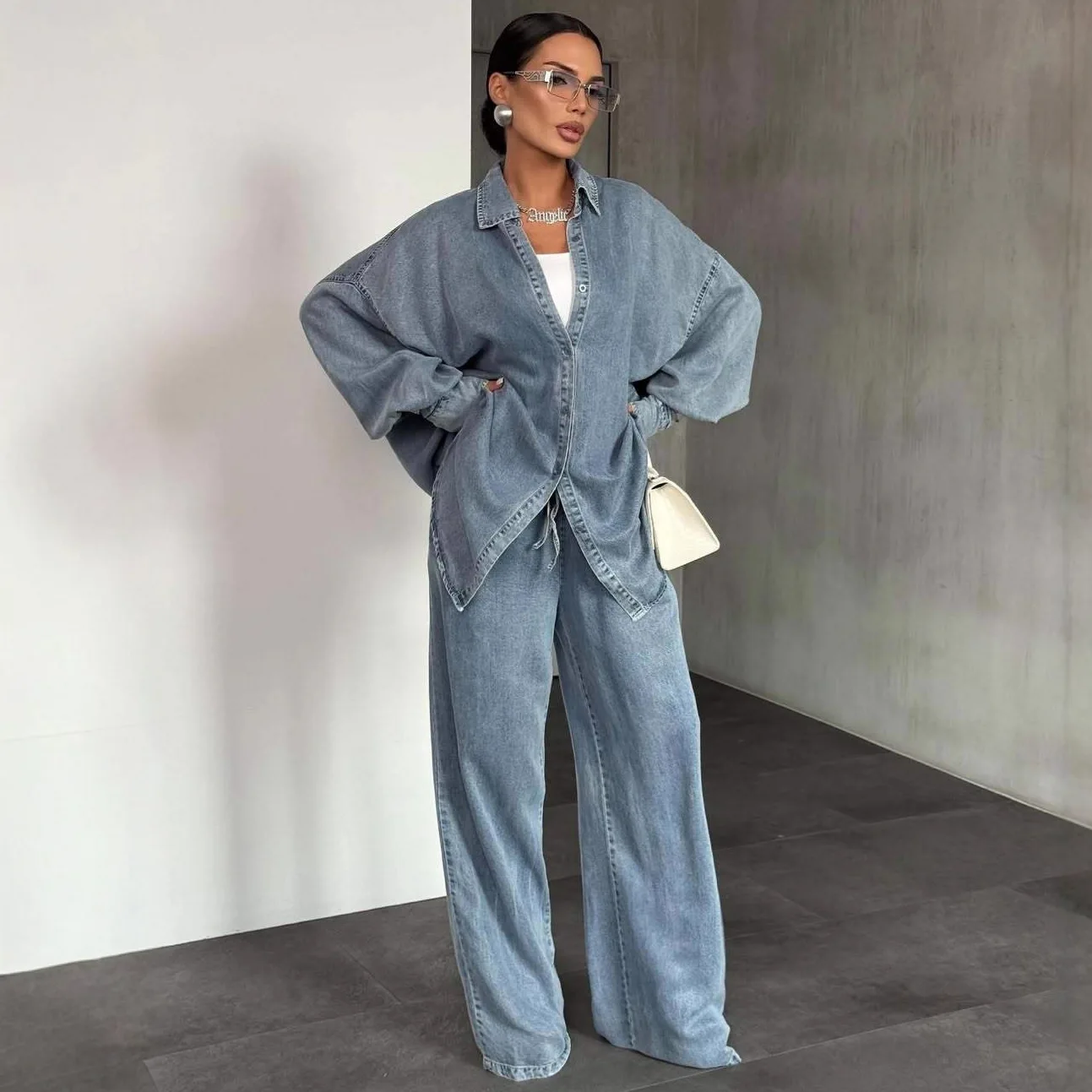 

Women's Casual Denim Neck Loose Pants Two-Piece Set High Waist Long Sleeve Mid-Length Fashionable And Wear-Resistant