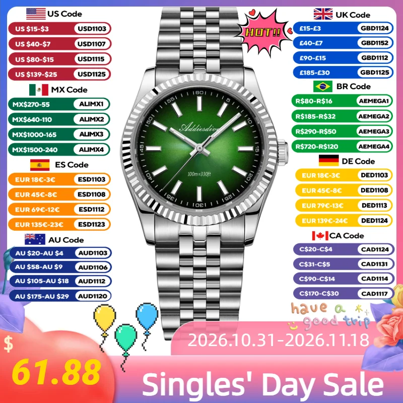 ADDIESDIVE Simple Design Sapphire Glass Watches BGW9 Luminous 10Bar Waterproof Women's Quartz Watch Stainless Steel Wristwatch