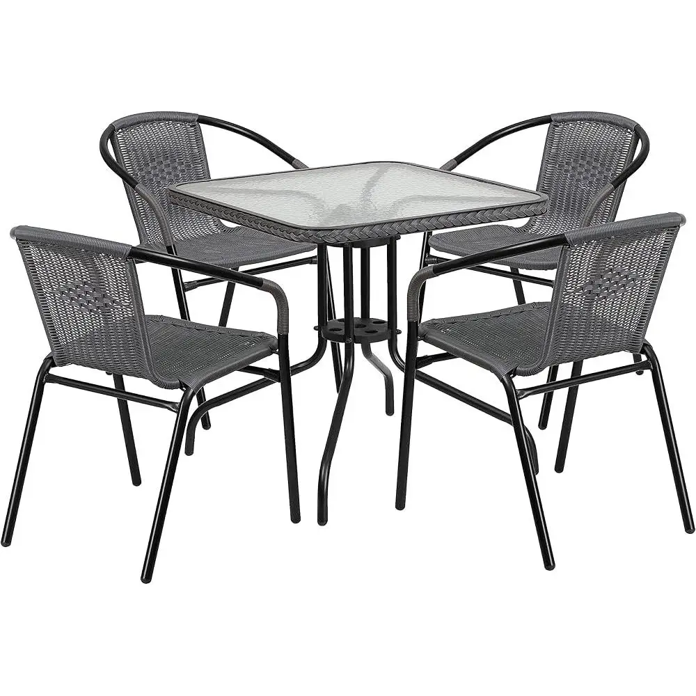 5-Piece Outdoor Dining Set Square Glass Table Rattan Chairs Patio Bistro Set Stacking Chairs Durable All-Weather Use Dining