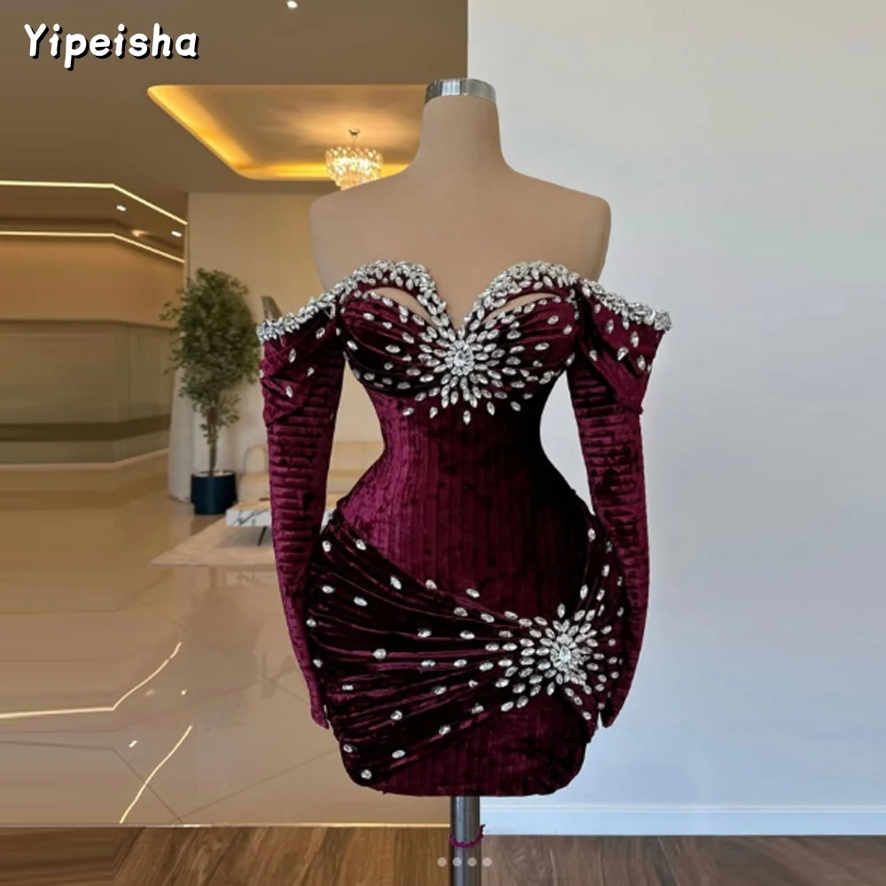 Mini cristais de veludo personalizados, vestidos de baile dubai com manga, gala árabe saudita, vestido de noivado sob medida
