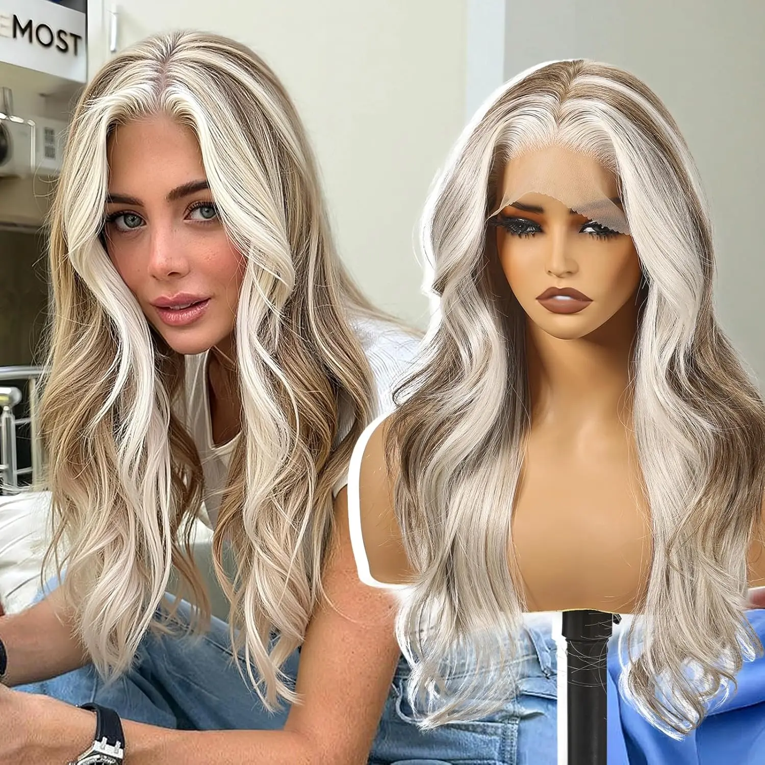 

DWY Gray Ash Blonde Highlights Synthetic Lace Front Wig 13X6 Lace Wigs Long Curly Hair Wigs PrePlucked Wig for Women Daily Party