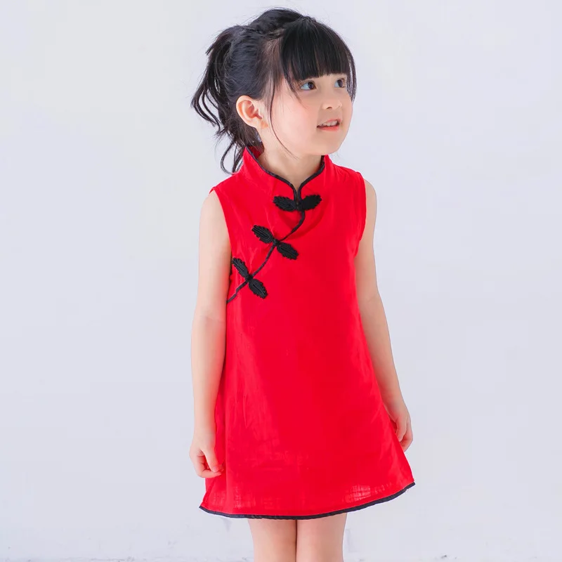 2024 Summer Girls Solid Color Cotton Linen Cheongsam Korean Version Style Kids Casual Dress Chinese Wind Cheongsam Skirt