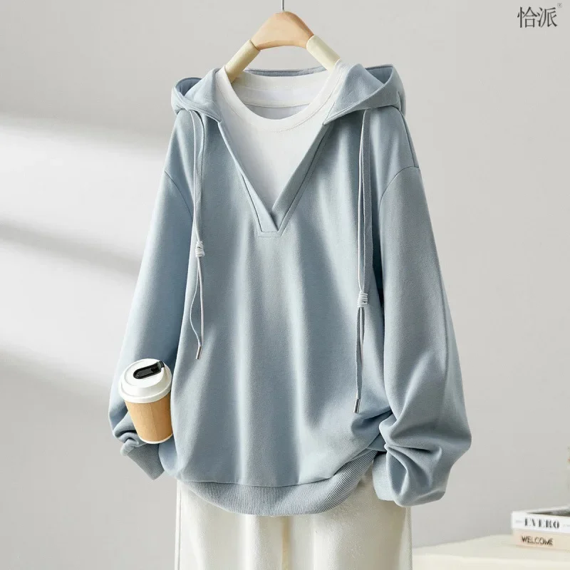 Women Spring Autumn Korean New Hooded Collar Pullover Fashion Design Fake 2-piece T-shirt Loose Large Versatile Long Sleeve Tops