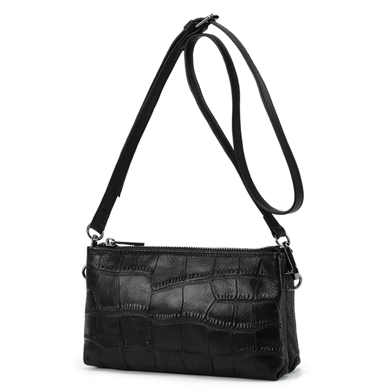 Aidrani Minimalist Genuine Leather Women\'s Bag with Crocodile Pattern Shoulder Bag Versatile and Atmospheric Black Cowhide Cross