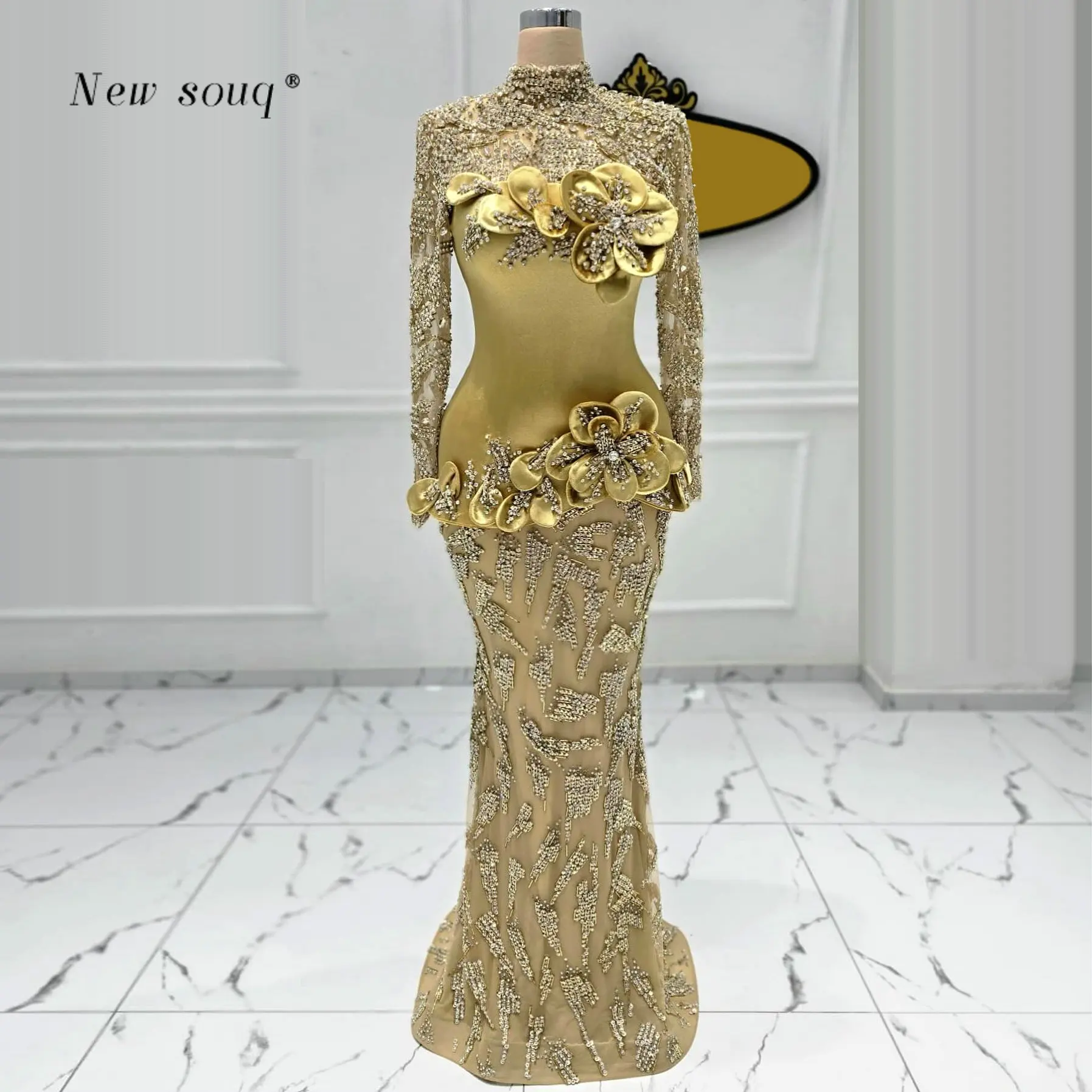 Ouro mangas compridas alta pescoço muçulmano sereia vestidos de baile personalizado 2026 árabe frisado lantejoulas formal vestidos de festa para mulher