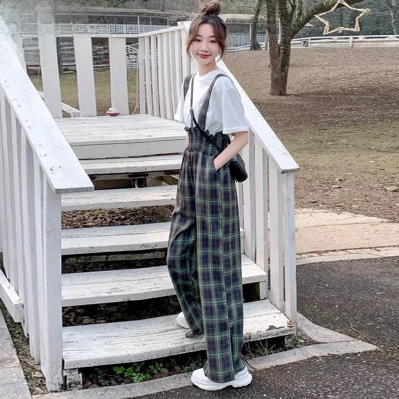 

High Waist Plaid Wide Leg Jumpsuit Women's Summer New Casual Loose Strap Pants Korean Sle Commute Pattern ket Details