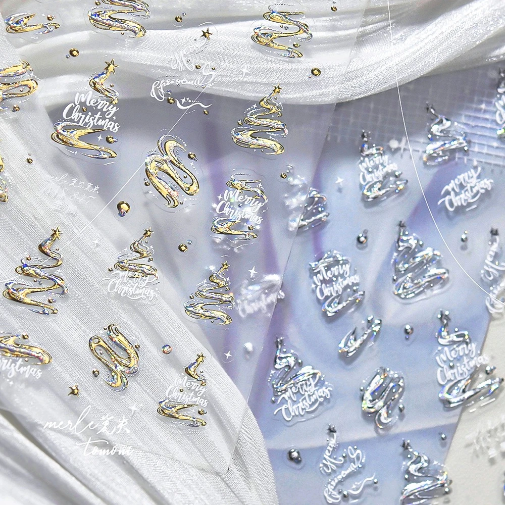 Sprankelend goud zilver lint ontwerp kerstboom sterren 3D zelfklevende nail art stickers xmas winter mooie manicure stickers