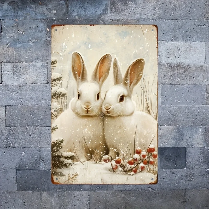 Charming Winter Rabbit Vintage Metal Sign -  Waterproof Iron Wall Art, Snowy Scene with Two Rabbits & Berries, Perfect for Home,