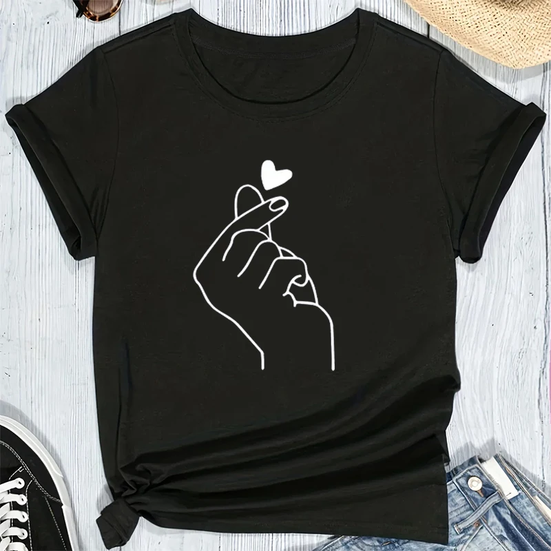 

Cute Heart Print T-shirt Streetwear Solid Color Round Neck T Shirt Women Short Sleeve Casual Daily Top Unisex Oversized Harajuku