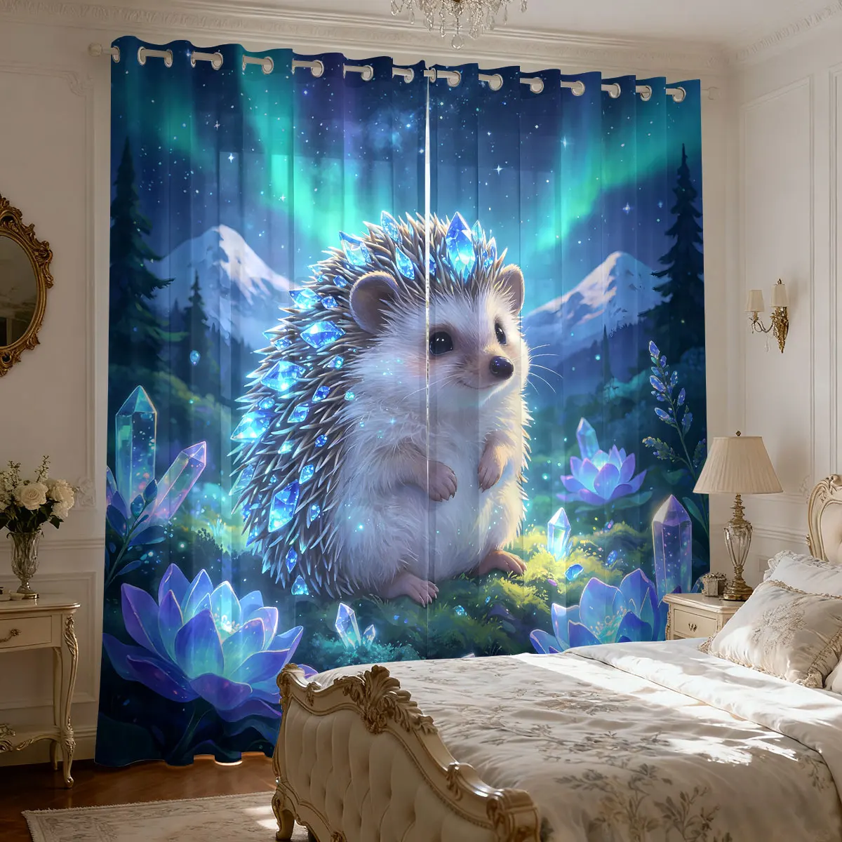 2pcs Cartoon Hedgehog Animal Printed Curtains 90gsm Bedroom And Living Room Decoration, Multiple Sizes, Easy To Install
