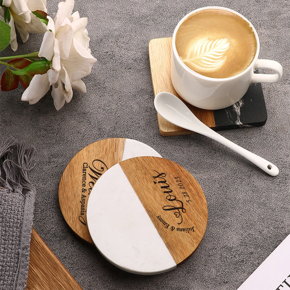 Custom Marble Wood Engraved Coasters Wedding Coaster Personalized Gift for Housewarming Wedding Anniversary House Warming Gift