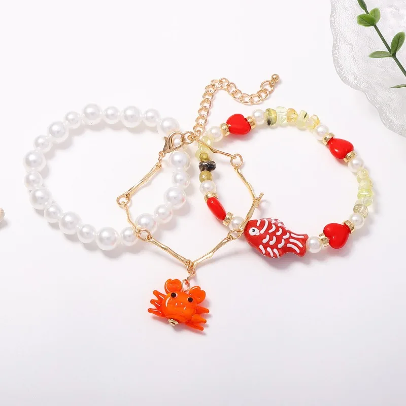 Summer  Fish Beaded Bracelet Set Freshwater Pearl Double Layer Bracelet Sweet Marine Elements Beach Vacation Jewelry for Girls
