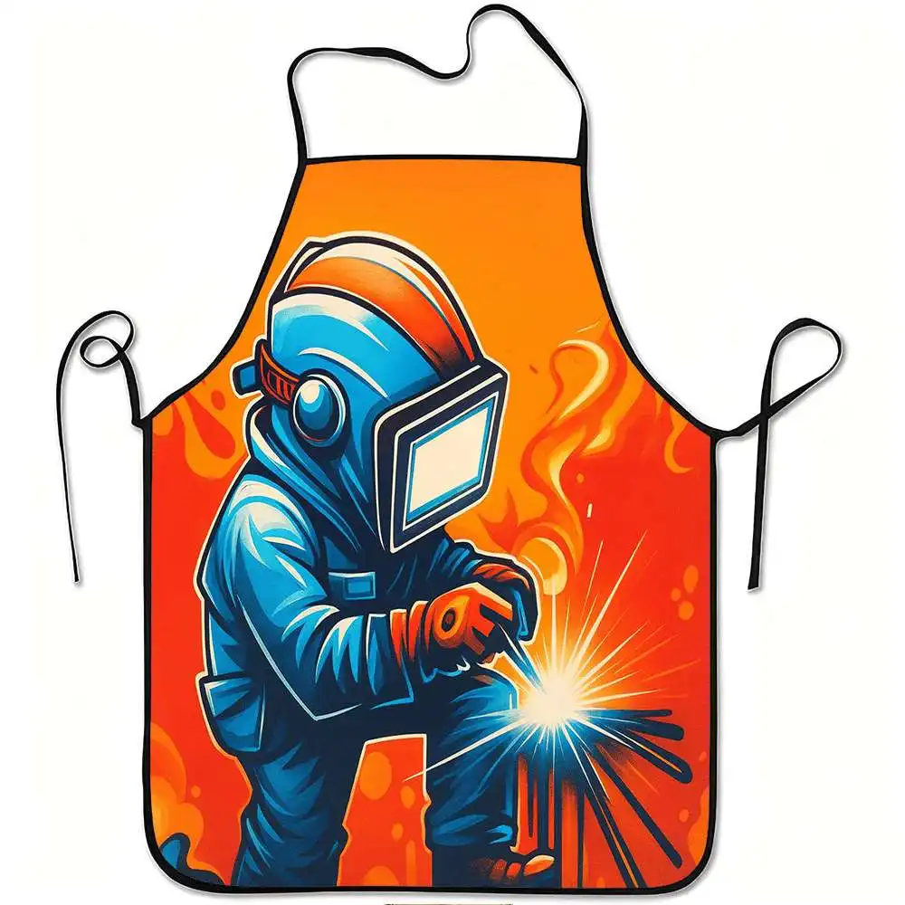 1pc Worker Flame Art Print Apron, Durable and Easy to Clean, Adjustable Waistband, Polyester Material, for Kitchen Cooking, Gard