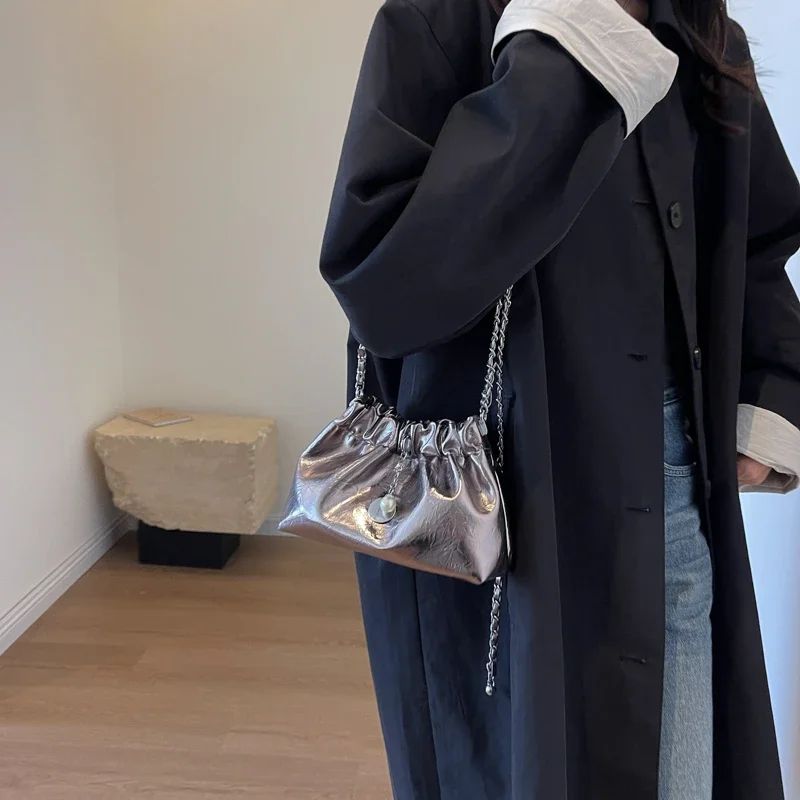 LEFTSIDE Small Silver Crossbody Bags for Women 2023 Korean Fashion Designer Female Bucket Bag Lady Chain Drawstring Handbags