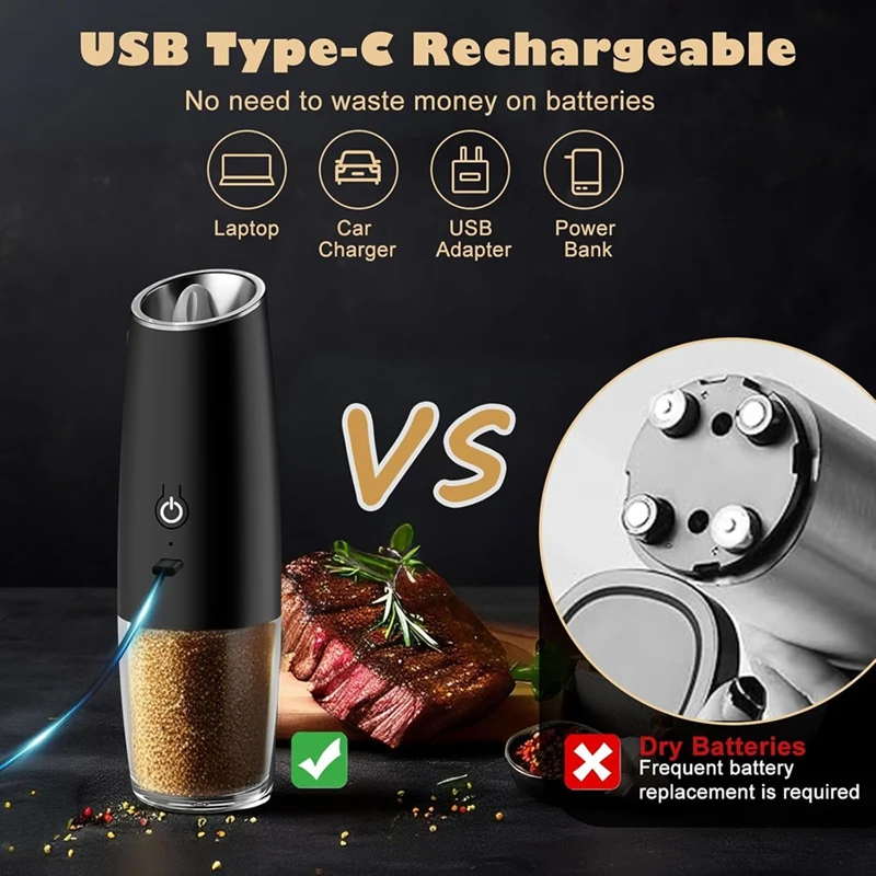 Electric Salt & Pepper Mill Set,Rechargeable Electric Salt Mill, Adjustable Coarseness, Automatic One-Handed Operation