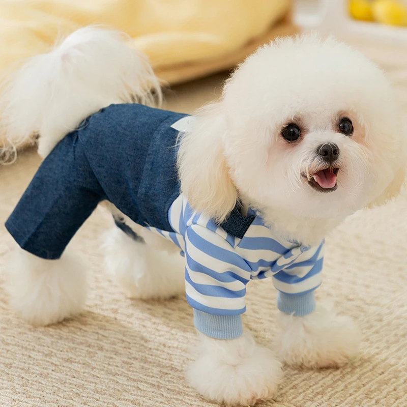 Winter Dog Jumpsuits Fashion Print Dog Clothes Denim Striped Puppy Rompers Warm Cat Pajamas Pet Overalls Chihuahua Dog Costumes