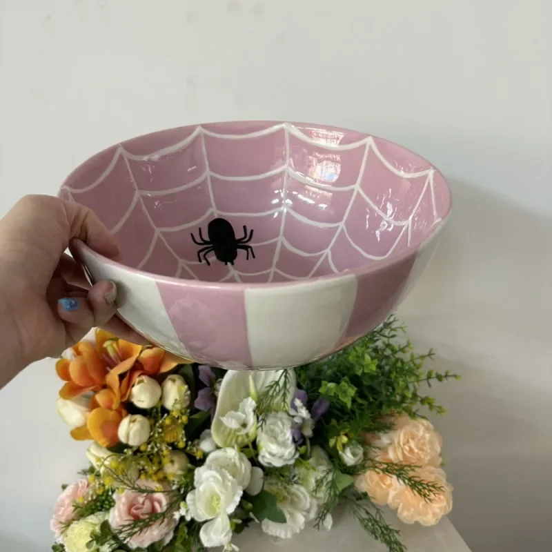 26cm Ceramic Spider Web Bowl Pink Halloween Serving Dish Pasta Salad Dessert Plate Tableware Party Breakfast Plate Holiday Decor