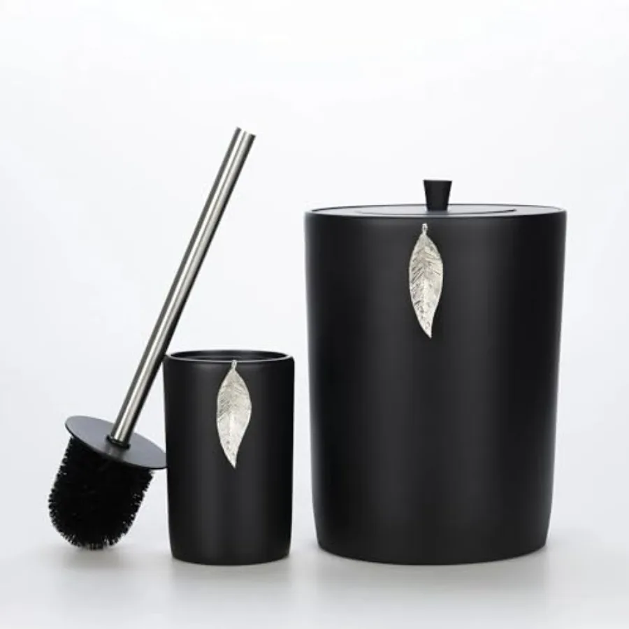 

Leaf Collection Luxury Bathroom Accessories BlackSilver 5-Piece Set with Individual Items for Modern Bathrooms Including Trash