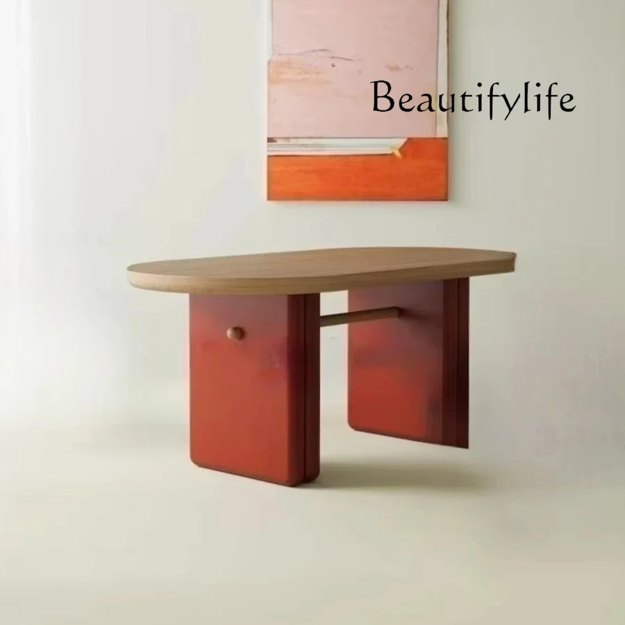 N Nordic medieval dining table solid wood oval cream style small apartment paint dining table