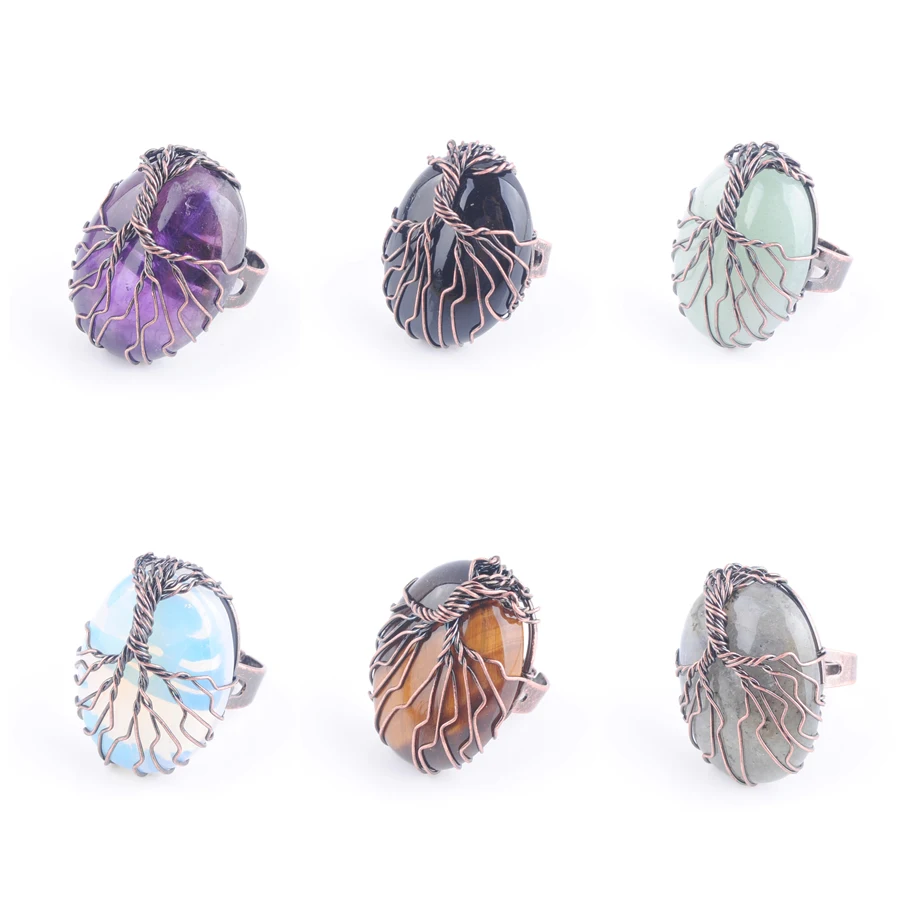 New Arrivals Antique Finger Rings Natural Stone Copper Wire Wrapped Adjustable Ring Banquet Daily Wear Jewelry 1Pcs ABX306