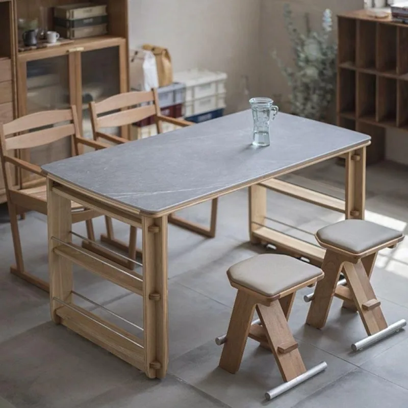 Modern wind rock slab dining table, movable room dining table, solid wood rock slab dining table