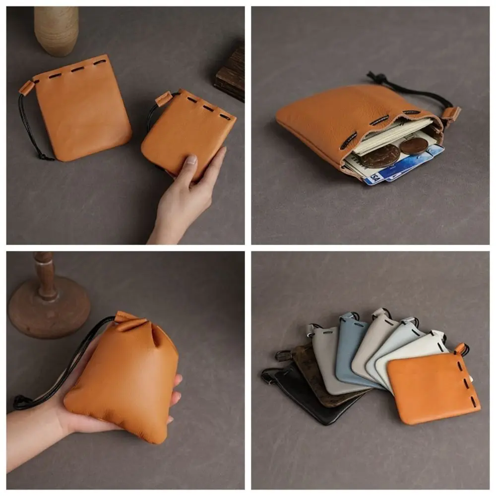 Vintage Style Genuine Leather Coin Purse ID Bank Card Storage Data Cable Drawstring Coin Bag Key Earphone Small Money Bag Travel