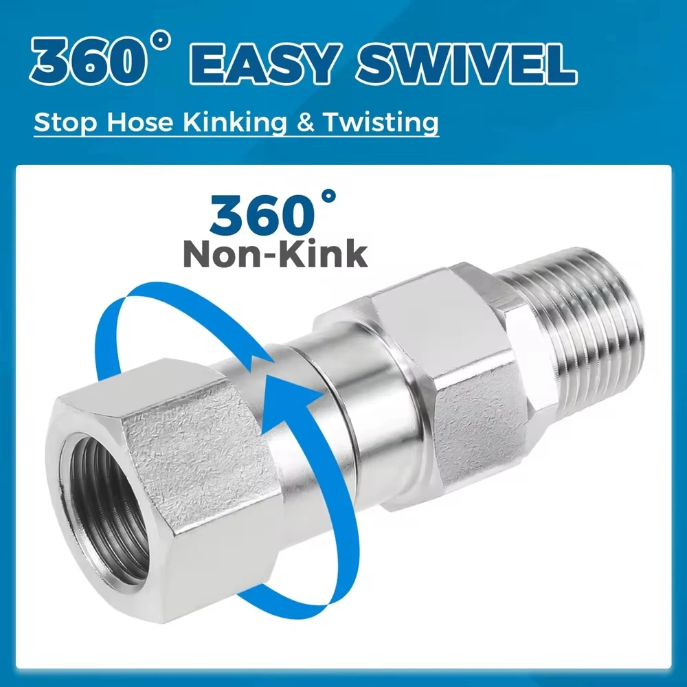 Pressure Washer Swivel 3/8 NPT and M22 14mm Male Thread Fitting Stainless Steel 360° Kink Free Gun to Hose Fitting 4500 PSI