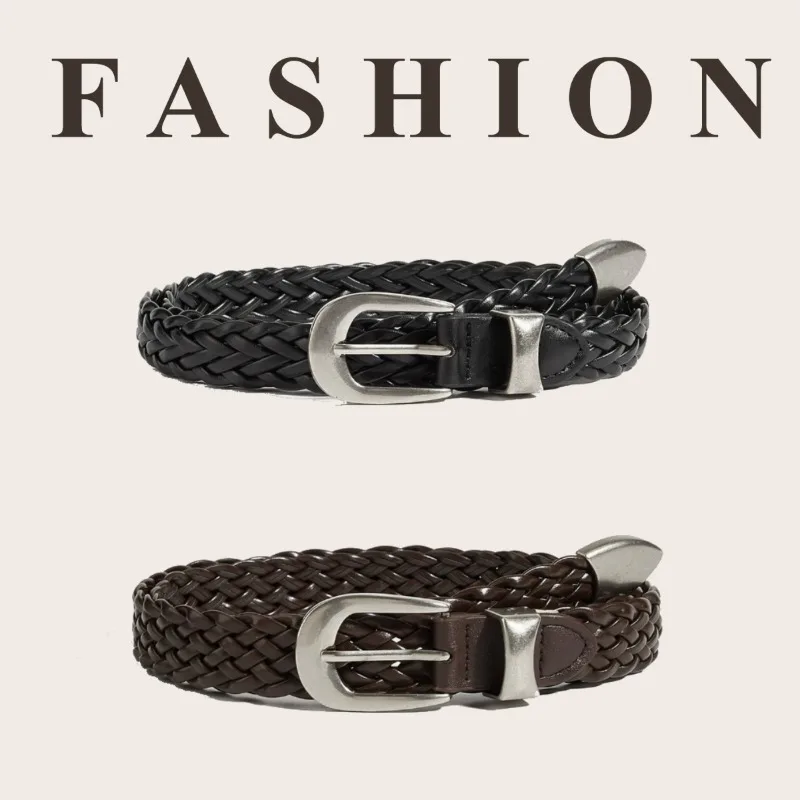 Trendy Punk-Style Braided Black Metal Buckle Belt Niche Versatile Dark-Colored Braided Belt No-Hole Design, Unisex