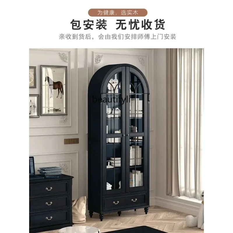American arched bookcase solid wood with glass door retro double door storage storage display cabinet