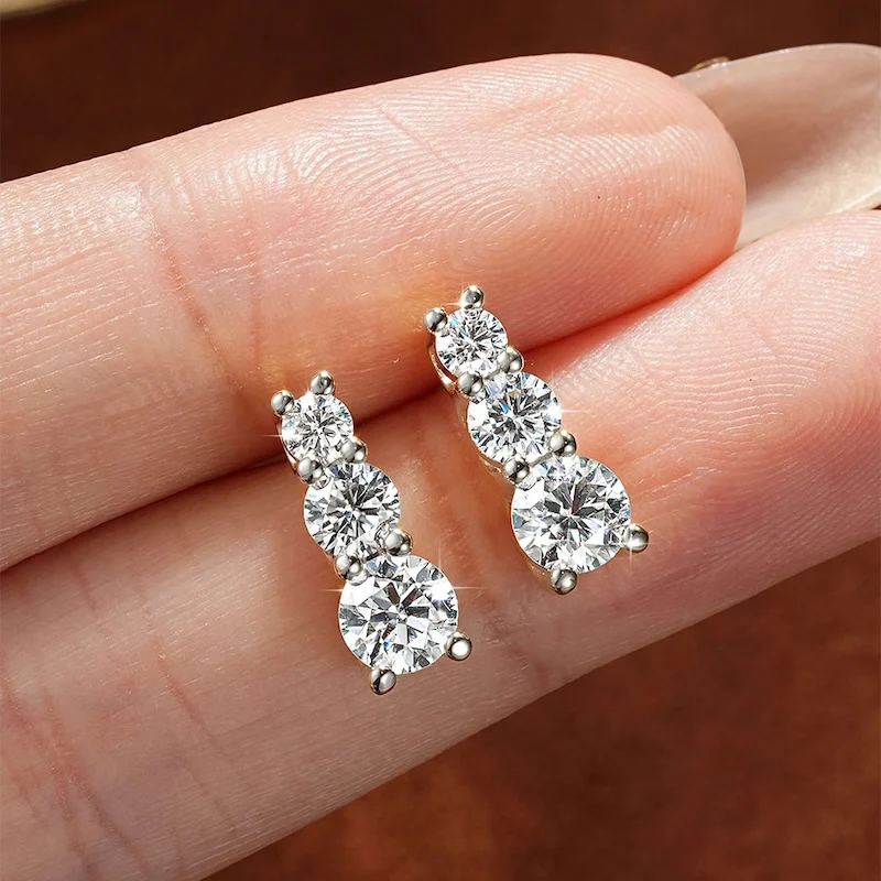 Rrjzz 3mm 4mm 5mm Drei-Stein-Ohrstecker mit Labor-Imitationsdiamanten, D-Farbe Moissanit-Ohrstecker für Damen, Hochzeitsschmuck, Geschenke – Detail 8