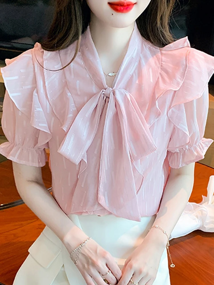 

Summer Short Sleeve Blouse Women Bow Collar Ruffles Chiffon Blouse Shirt Blusas Mujer De Moda 2024 Verano Women Tops Blusa G672