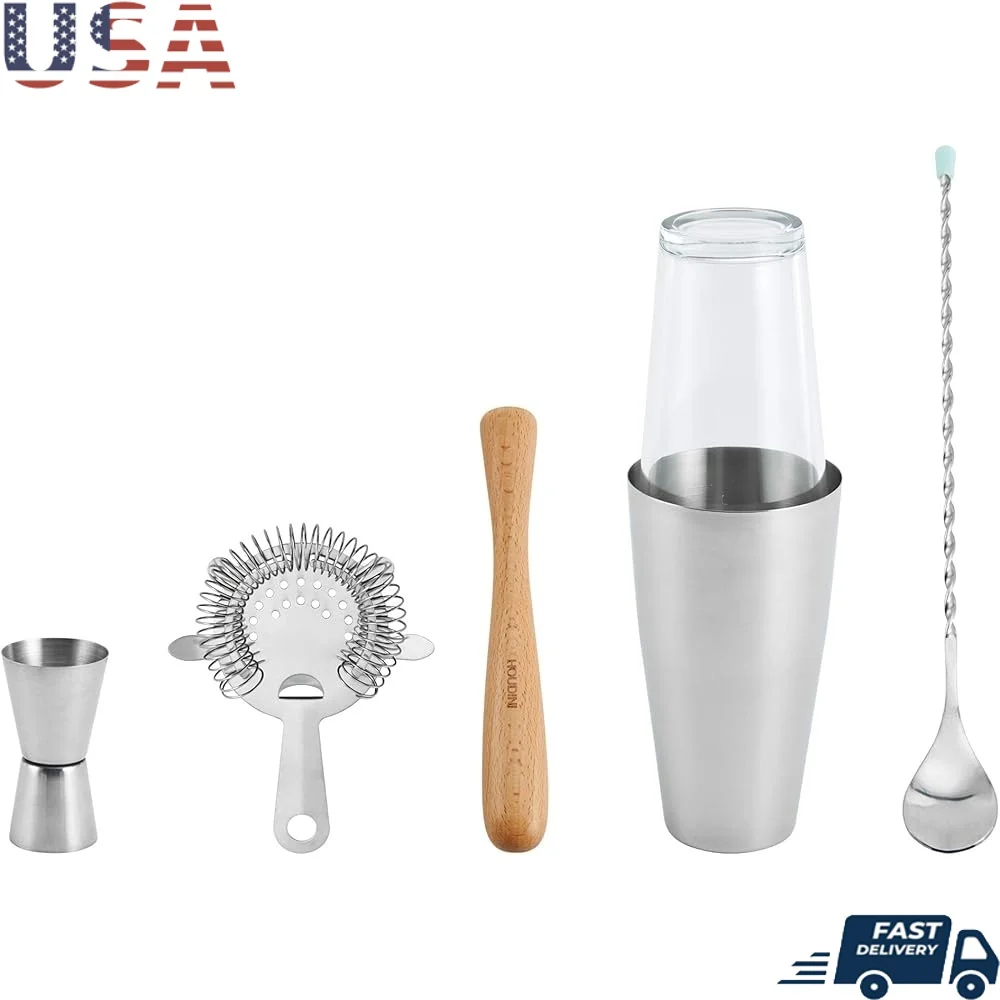 

5 Piece Premium Stainless Steel Bar Tool Set Jigger Muddler Cocktail Stirrer Boston Shaker Strainer Easy Clean Gift