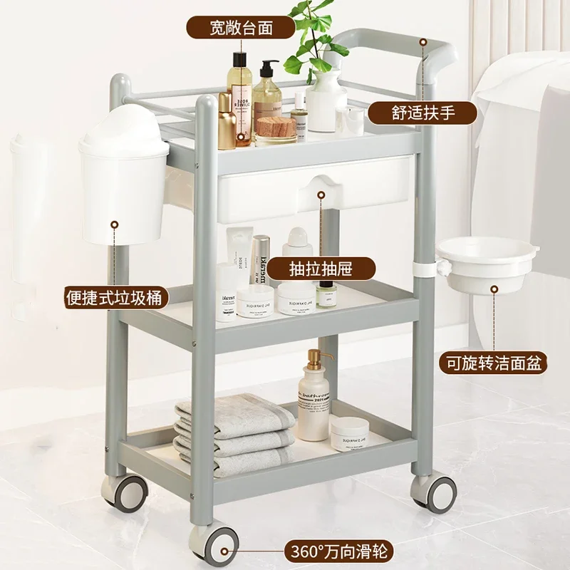 Aesthetic Auxiliary Beauty Salon Specific Trolley Mobile Hand Push Storage Rack Wheels Storage Medical Salon Furniture