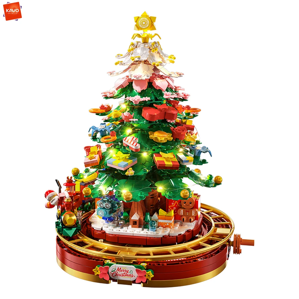 KAVOWORLD 1485PCS Opwindbare Kerstboom Muziekdoos Bouwstenen met LED-licht DIY Knutselmodel Bureau Kerstcadeau voor Kinderen